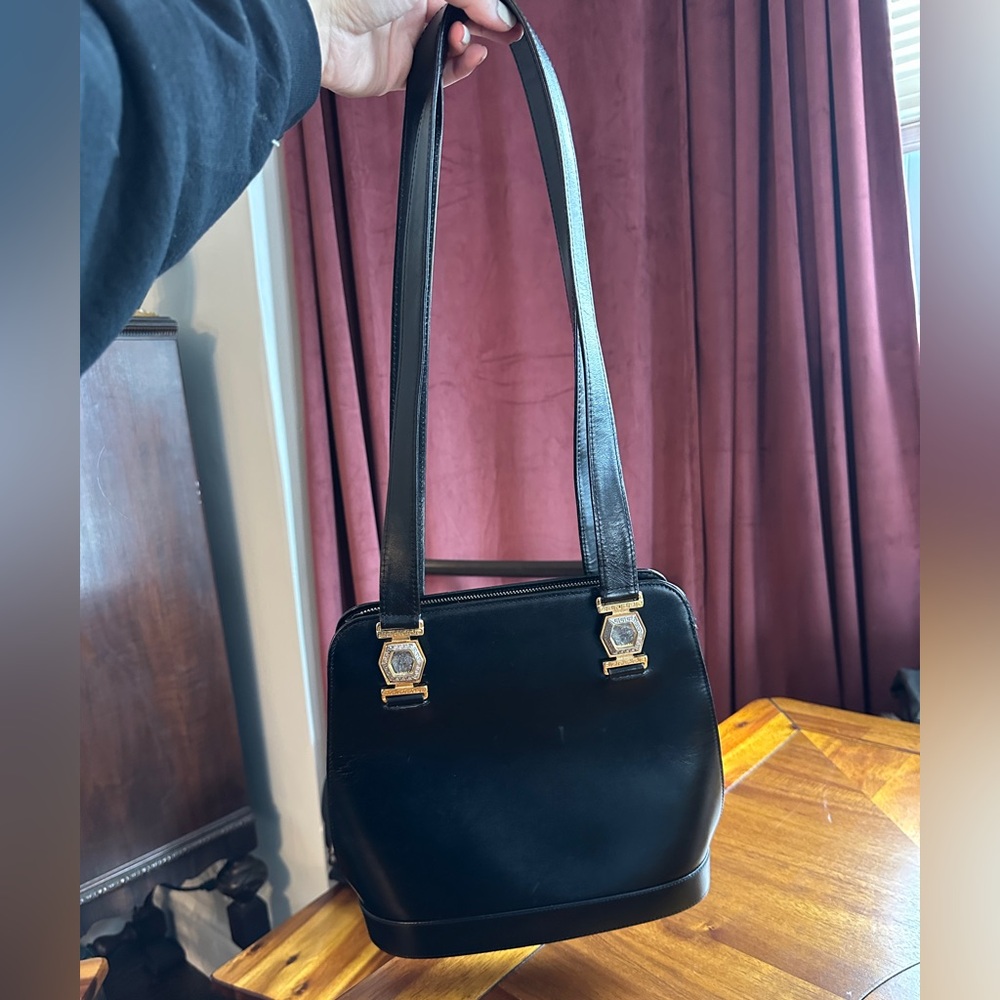 Gianni Versace Black Leather Messenger Bag with Gold Hardware